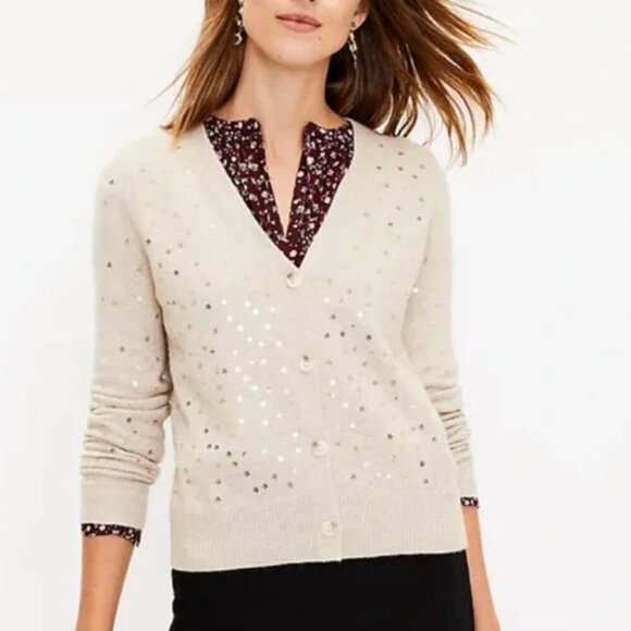 LOFT - Soft beige sequin star cardigan - Picture 1 of 2